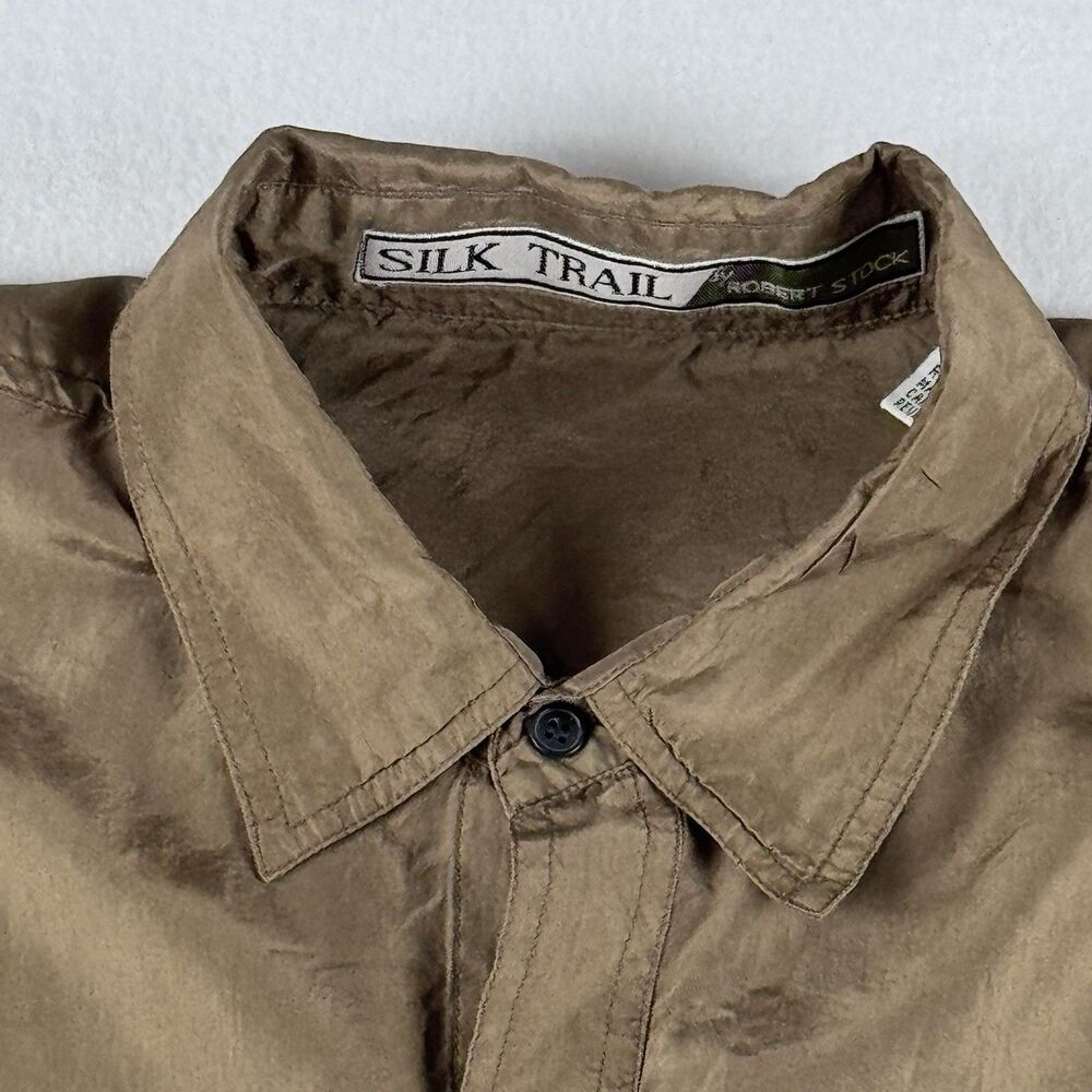 Robert Stock Men's XL Brown 100% Silk Short Sleeve Button Up Shirt Vintage